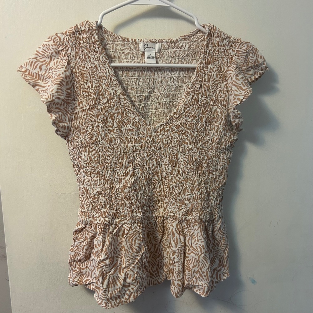 Womens Large Tan White Palm Print Smocked Peplum V-Neck Blouse Top Neutral Boho
